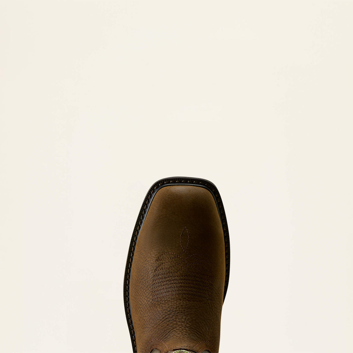 Ariat Groundwork Waterproof Wide Square Toe Steel Toe Work Boot in Dark Brown, toe view