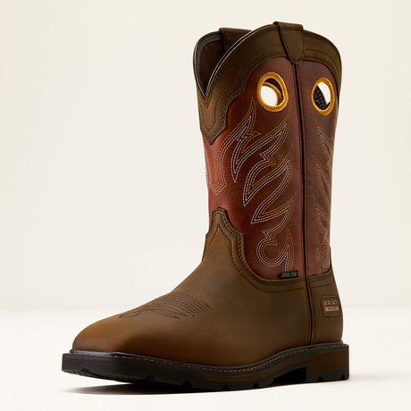Ariat Groundwork Wide Square Toe Steel Toe Work Boot in Brown, three-quarter front view