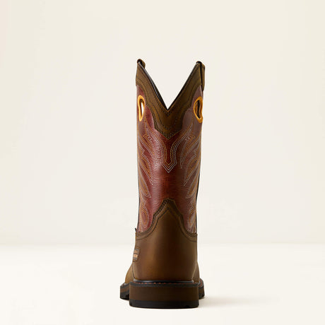 Ariat Groundwork Wide Square Toe Steel Toe Work Boot in Brown, heel view