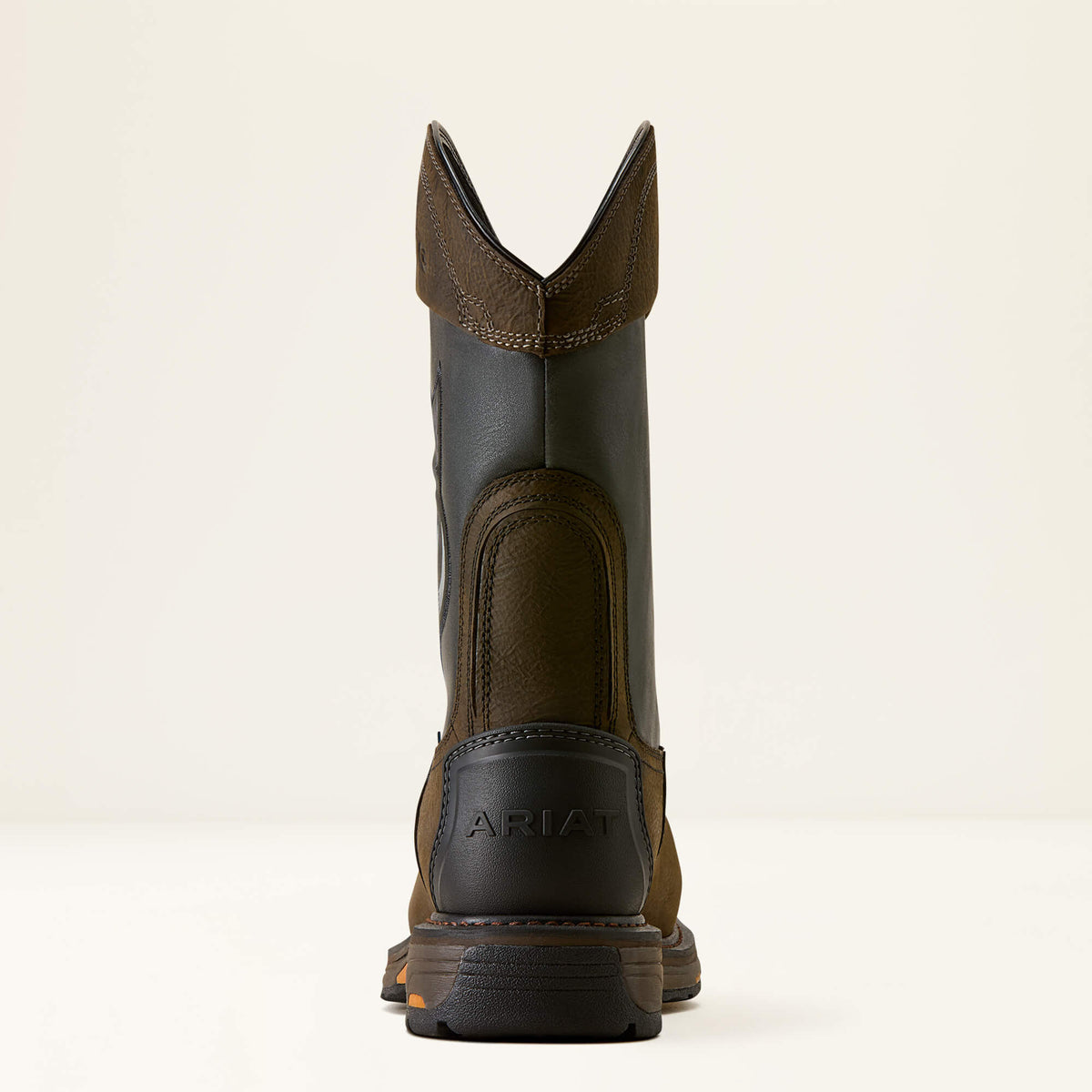 Ariat WorkHog Full Boar Waterproof Wide Square Toe Composite Toe Work Boot in Iron Coffee, heel view