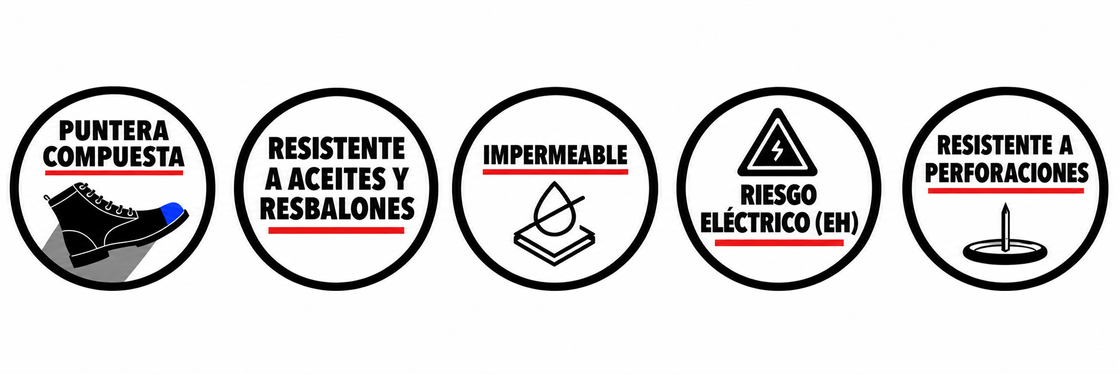 Características Ariat: puntera compuesta, riesgo eléctrico (EH), resistencia a aceites y resbalones, impermeabilidad, resistencia a perforaciones.