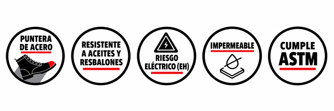 Características Ariat: puntera de acero, riesgo eléctrico (EH), resistencia a aceites y resbalones, impermeabilidad, cumplimiento ASTM.