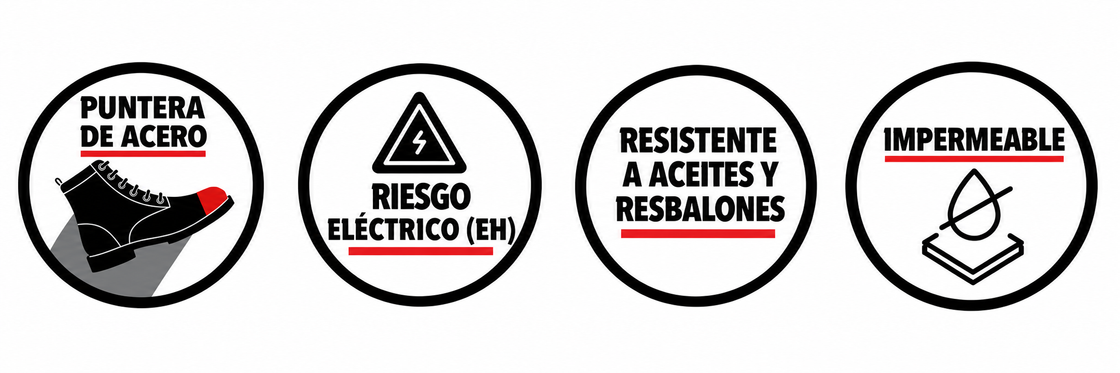 Características Ariat: puntera de acero, riesgo eléctrico (EH), resistencia a aceites y resbalones, impermeabilidad.