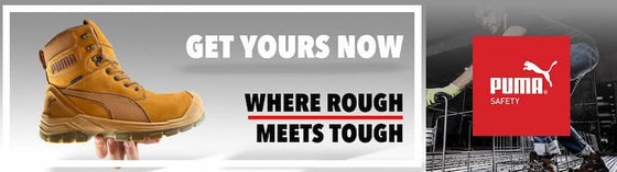 Puma work boot advertisement featuring a tan and brown safety boot on the left, bold text reading 'GET YOURS NOW WHERE ROUGH MEETS TOUGH' in the center, and a red Puma Safety logo on the right.