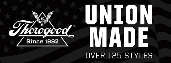 Here is an appropriate alt text for the image in your Shopify store:
"Thorogood banner featuring text 'Union Made - Over 125 Styles' with the Thorogood logo and American flag background, highlighting their craftsmanship and heritage since 1892."