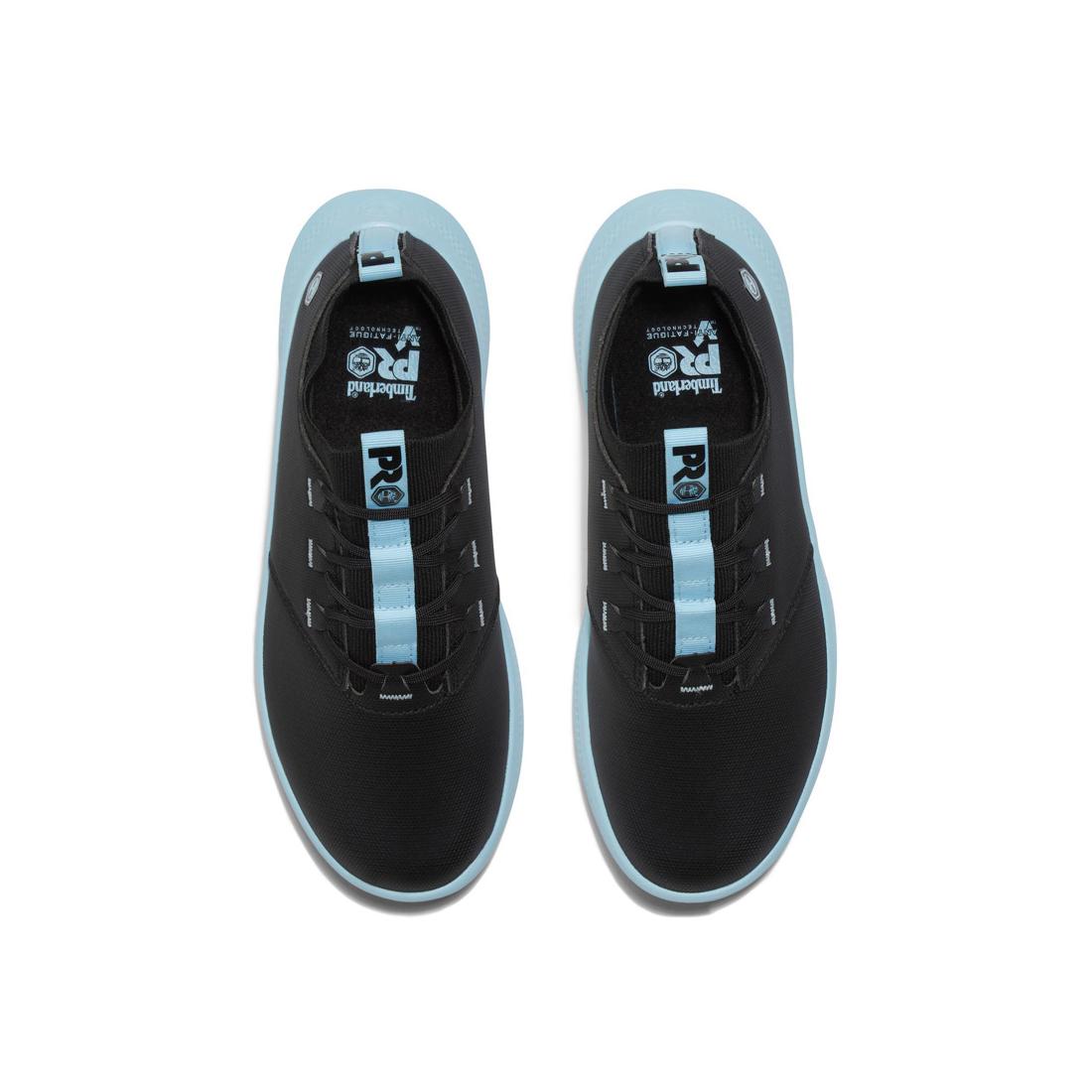 Timberland Pro Women's Solace Max Soft-Toe Slip-On Shoe Black/Blue Front-upper View