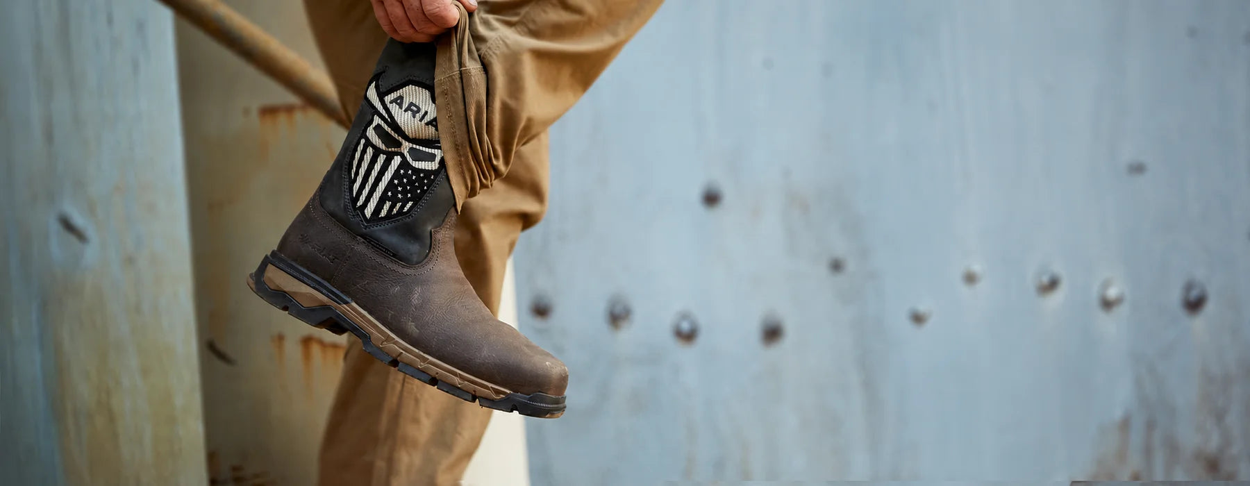 Rugged Ariat boot in an industrial setting